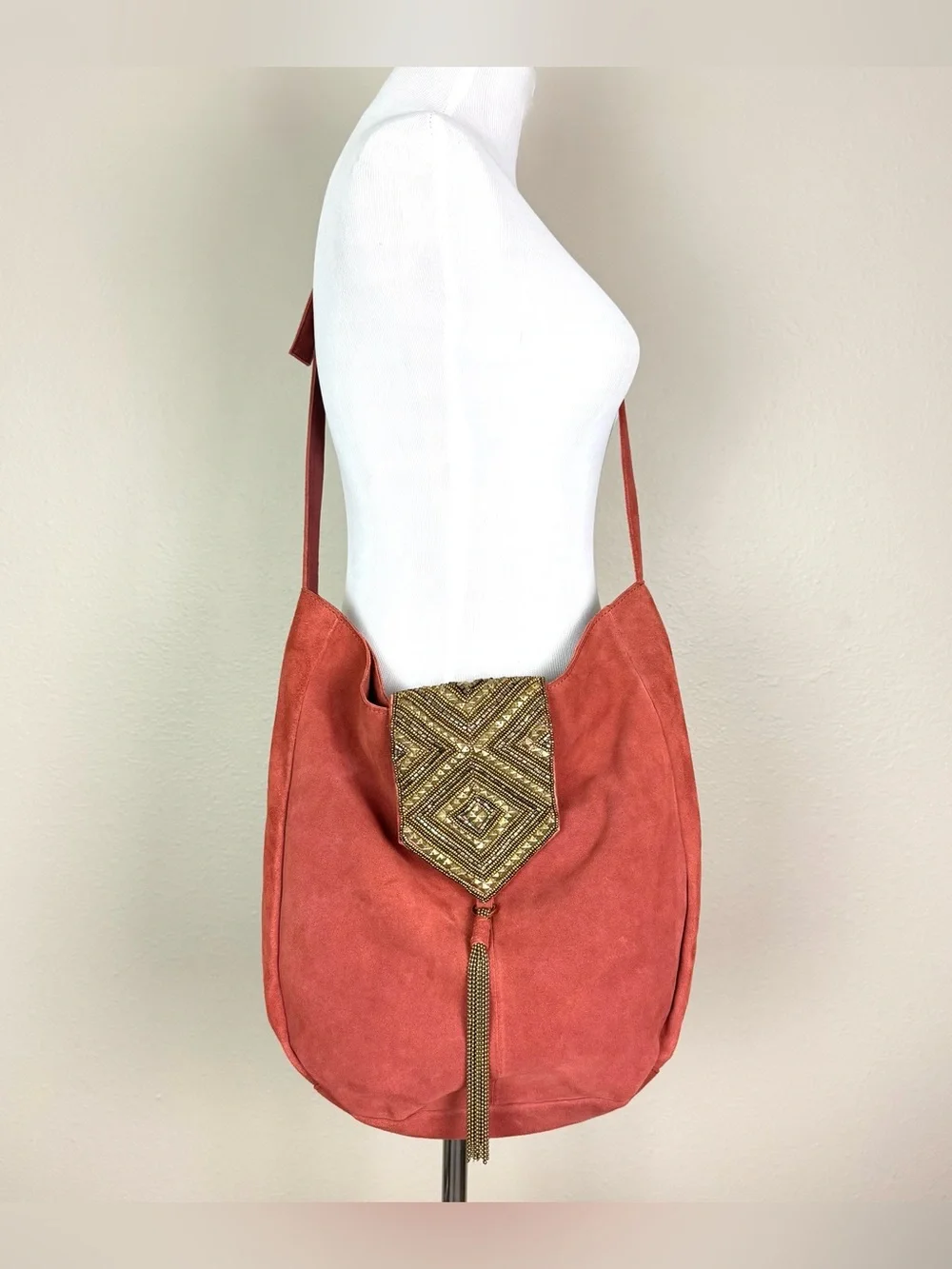 Anthropologie Nadia Suede Beaded Tassel Hobo Crossbody Bag Rust Orange